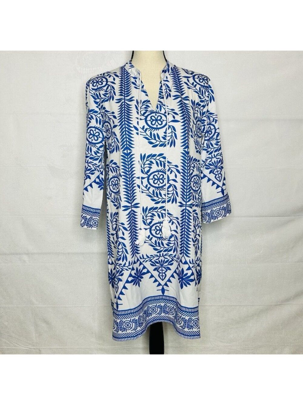 Blue White Tassel 3/4-Sleeve Midi Coverup Caftan Dress Tie Muu Muu Boho Sz S
